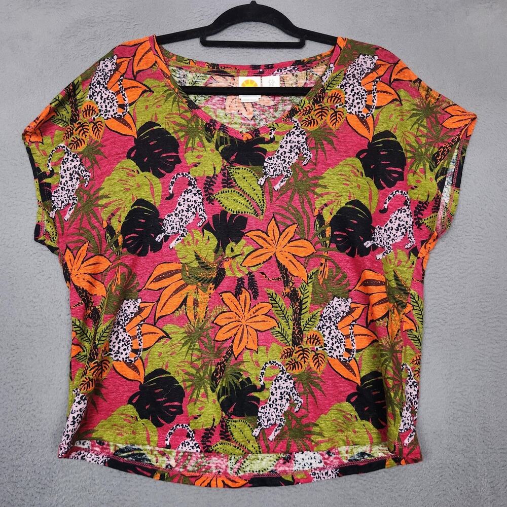 C&C California Shirt Womens Medium Pink Linen Tropical Leopard Print V Neck
